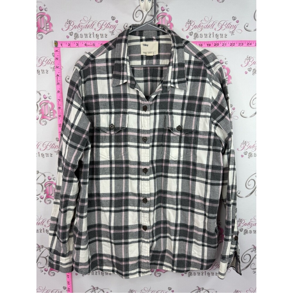Tilley Plaid Button-Up Shirt in White, Gray & Pink